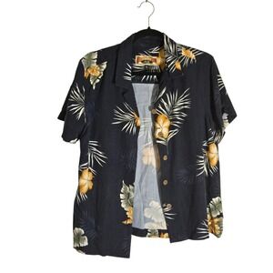 Caribbean Joe Womens 2 Piece Set Navy Blue Tropical Floral Shirt & Pants Medium